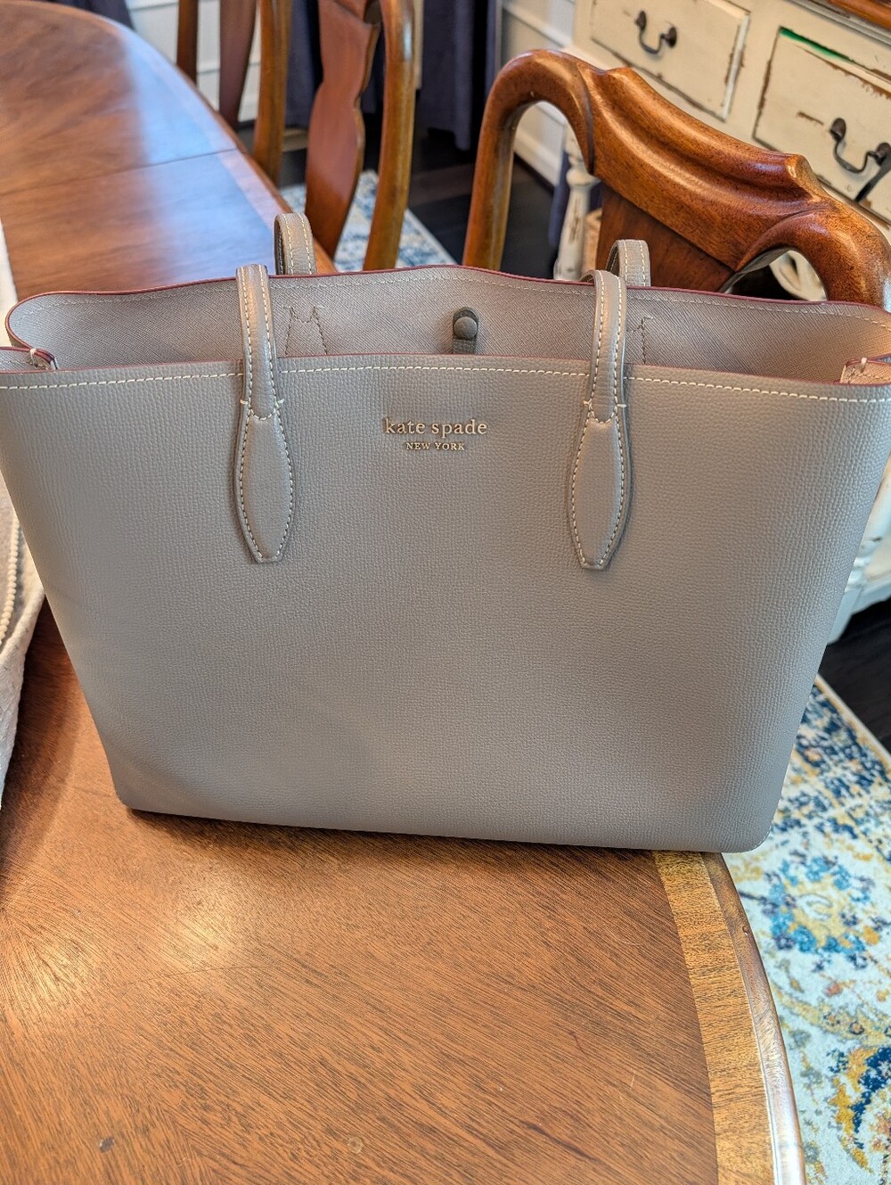 Kate Spade Gray Leather Tote with Pink Trim